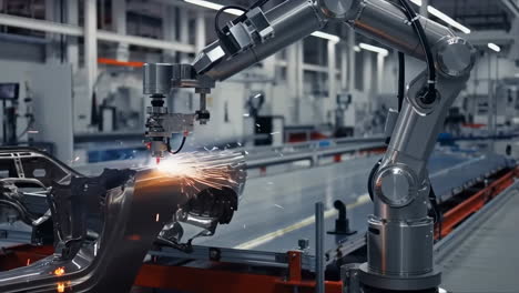 robotic arm welding and processing car parts in a modern factory