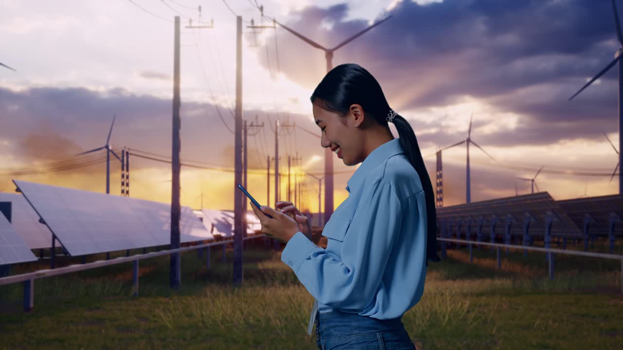 Side View Of Asian Female With Her Smartphone With Solar Panel and Wind Turbines, Checking On Her Smartphone With Meditation