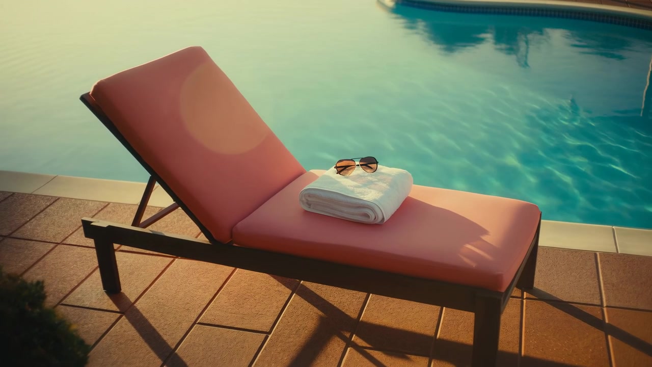 Coral upholstered lounge chair rests beside clear blue swimming pool on terracotta tile deck, with folded white towel, sunglasses, soft reflections, warm low sunlight, and quiet resort atmosphere