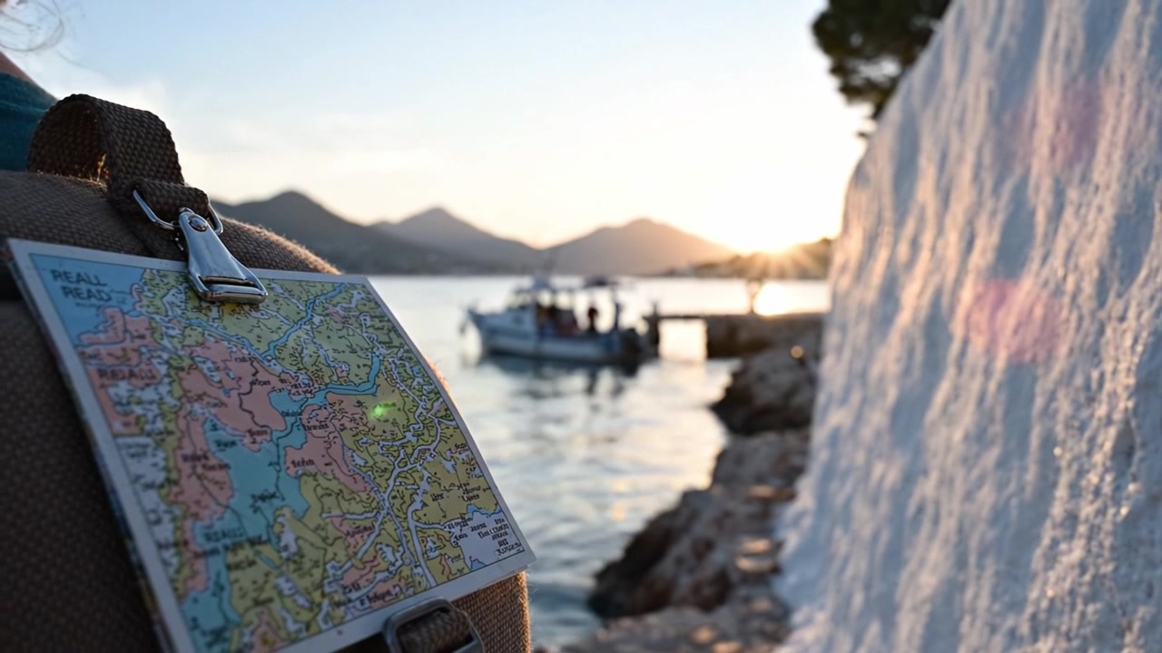 Esplorando la bellezza paesaggistica: una mappa del viaggiatore e riflessi del tramonto in riva all'acqua con barche all'orizzonte pronte per l'avventura.