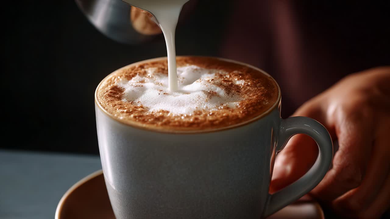 Pouring milk into cappuccino