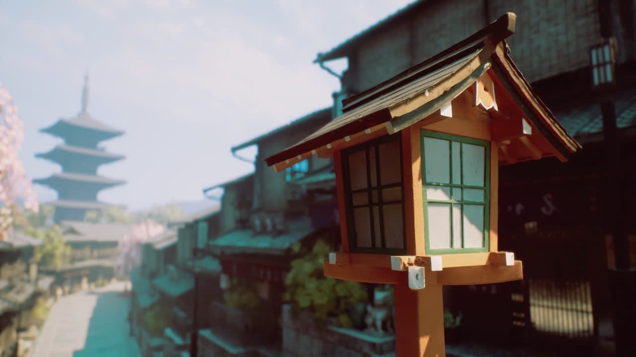 Traditional lantern illuminates historic street in japan during springtime