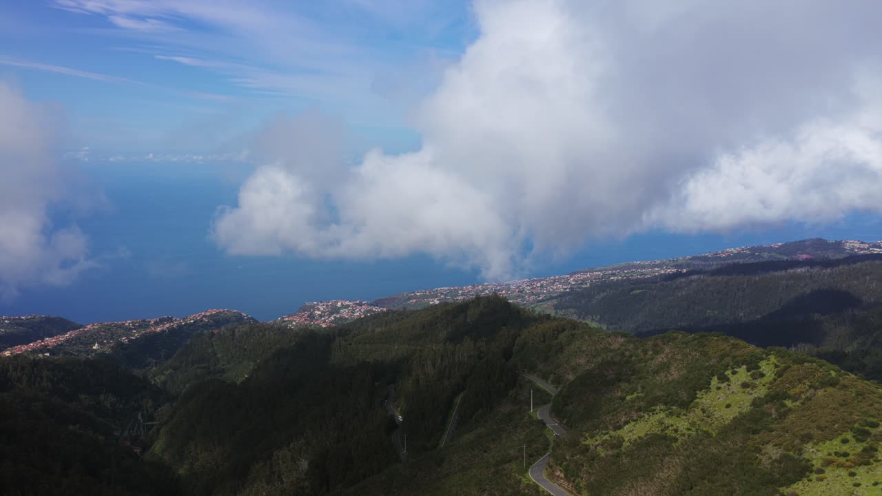 Panoramic view of Funchal city and coastline from Pico Fernandez mountain, Madeira, Portugal. Aerial drone panoramic view, copy space
