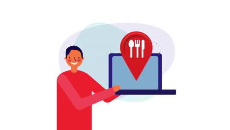 trabajador de negocios con portátil y aplicación de restaurante