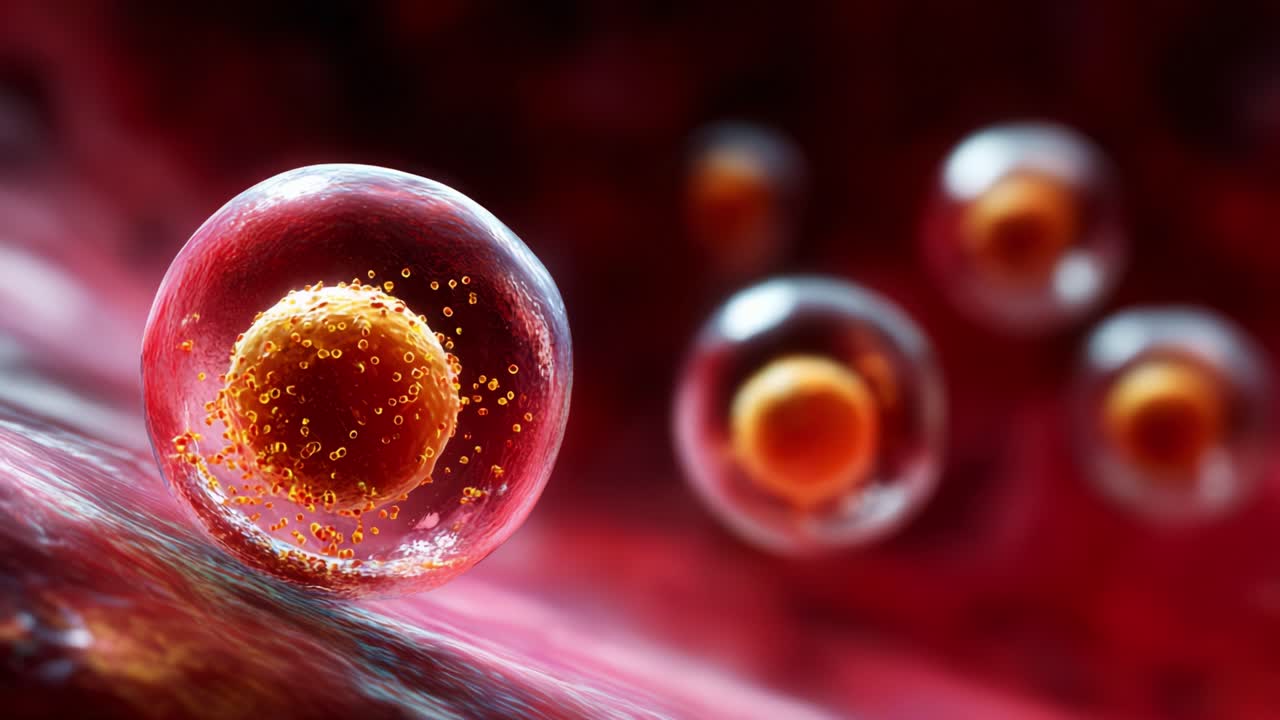 An intricate view of microscopic cellular structures showcasing vibrant red blood cells and surrounding cellular activity, highlighting the complex and dynamic nature of life at the microscopic level