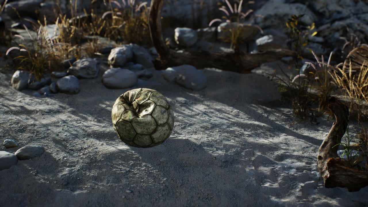 ⁇ 은  ⁇ 어진 축구 공이 바 ⁇ 가의 모래에 던져져 있습니다.