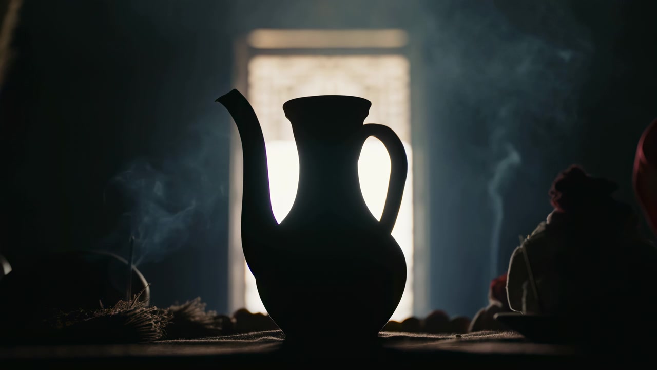 Teiere fumanti in una stanza buia illuminate da una fonte di luce dietro di esse, che evocano un'atmosfera mistica e serena, catturate da una prospettiva frontale, caratterizzate da materiali in vetro o ceramica