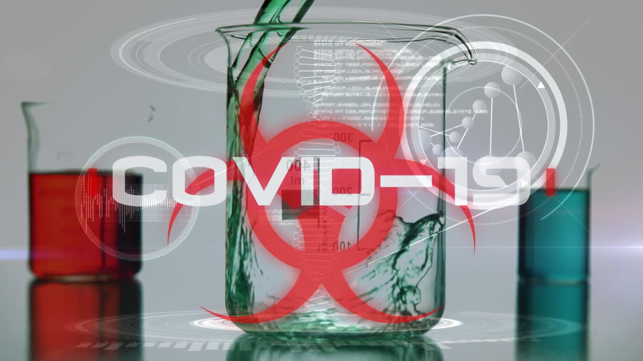 백색 배경에 코로나19가 퍼지는 컵에 액체가 흐르는 건강 위험 표지판