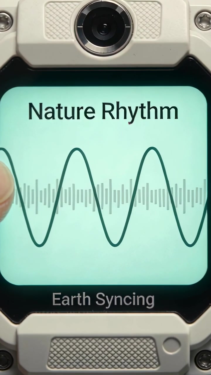Vertikal video: Finger rører ved og starter robust ur, 'Nature Rhythm cycling Earth Syncing' i rum.
