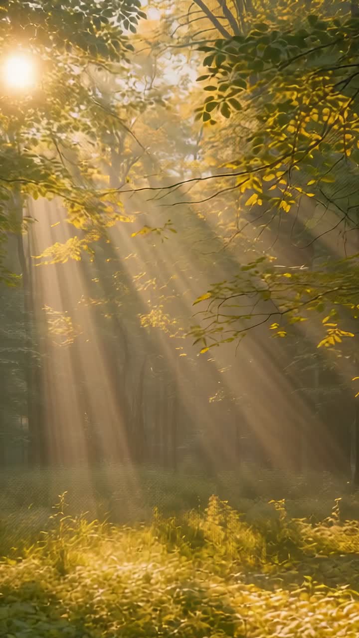 Vídeo vertical: raios de sol em streaming passando pelo dossel, iluminando a clareira da floresta enevoada enquanto o sol nasce