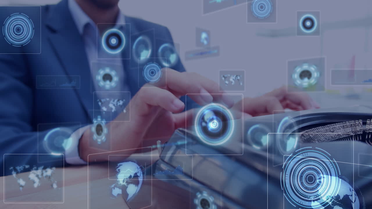 Typing on laptop, business professional with digital data processing animation overlay