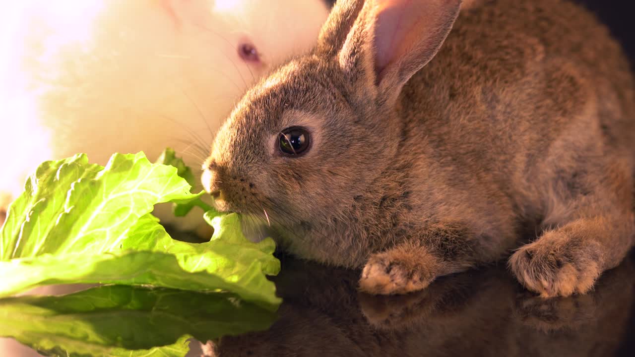 dos conejitos bebés sentados sobre un fondo negro.