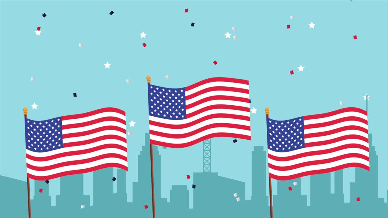 usa flags and cityscape scene animation