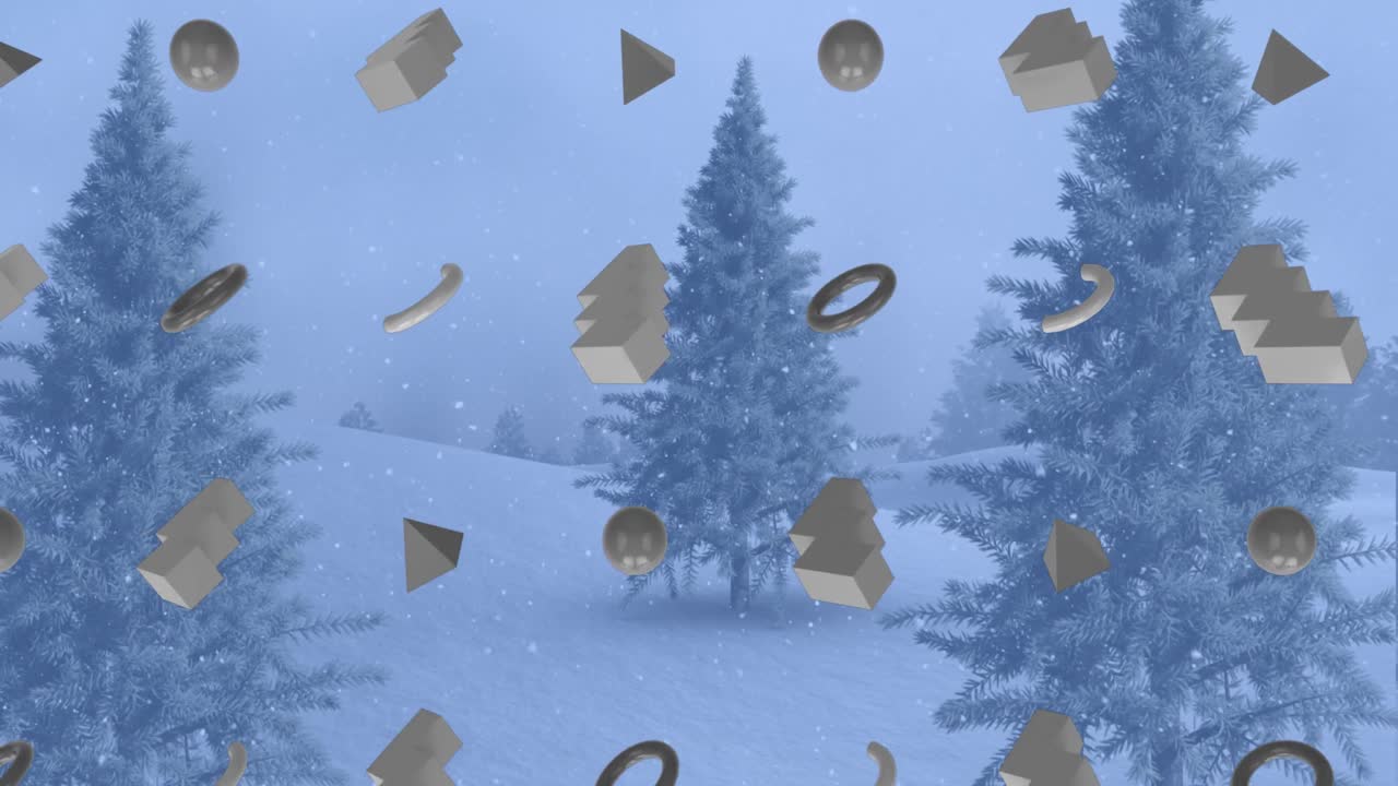 Animation of rows of abstract shapes pattern and christmas snow falling over winter scenery