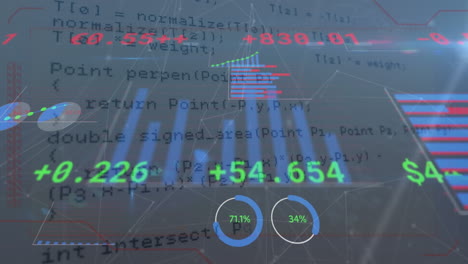 animación de la interfaz infográfica y puntos conectados a través del lenguaje informático en segundo plano.