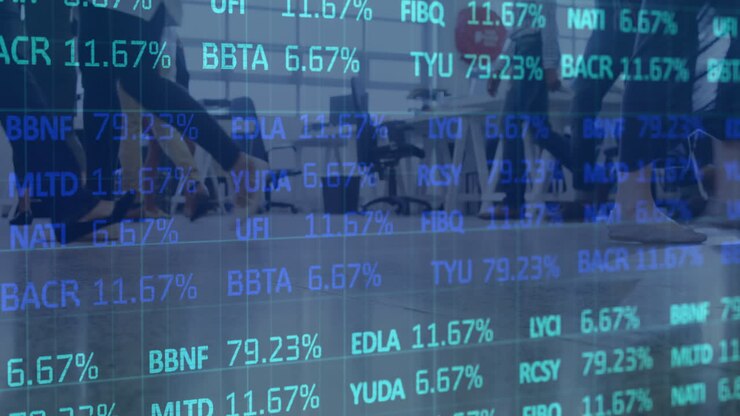 Animation of financial data processing over business people walking in modern office
