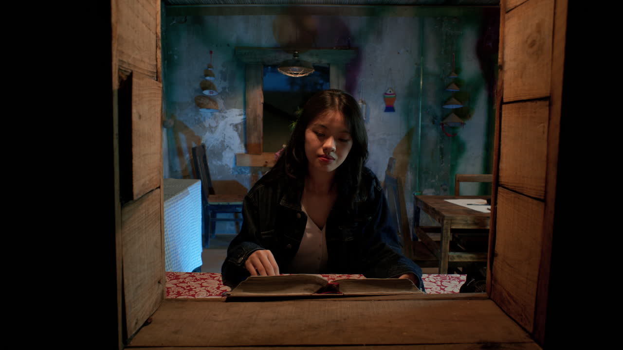 Ragazza asiatica che legge un libro alla finestra, statica