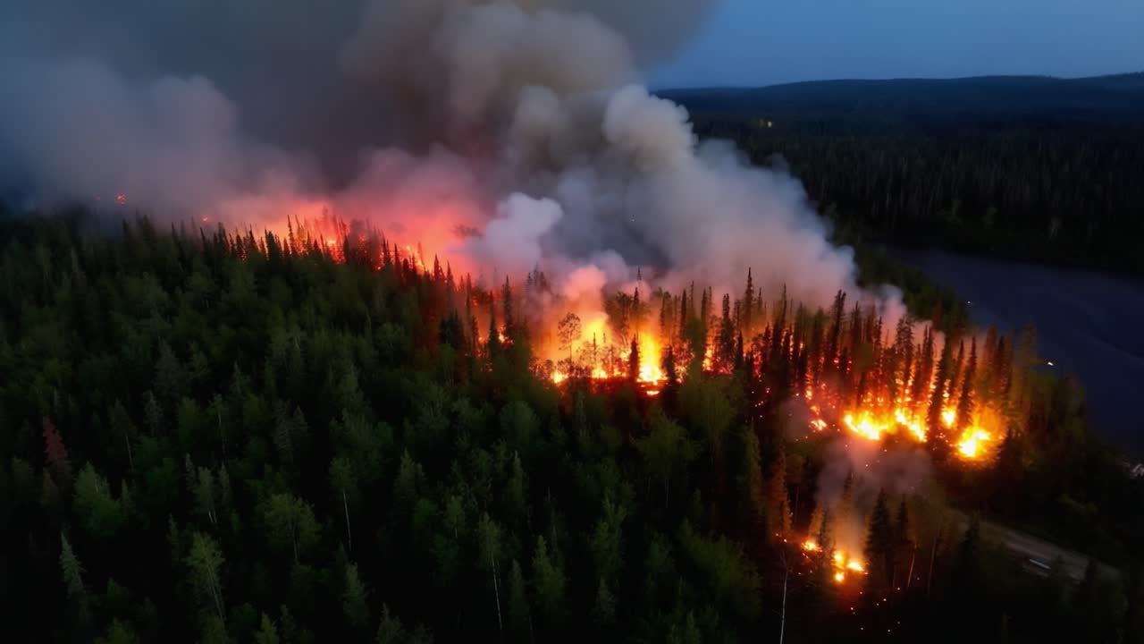 Dramatic Aerial View of a Forest Fire at Dusk with Flames Engulfing Trees and Thick Smoke Rising in the Sky, Showcasing Nature's Fury and Devastation