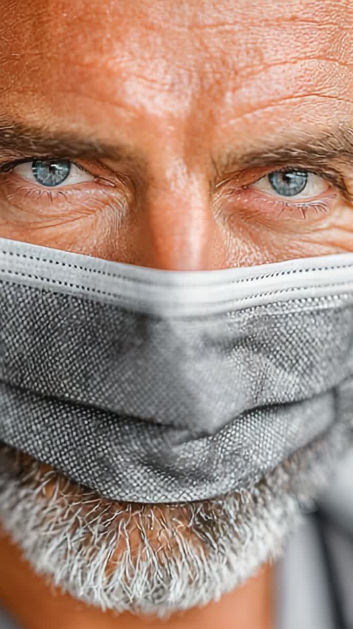 Primo piano di un uomo che indossa una maschera grigia, che mette in risalto i suoi sorprendenti occhi blu e i tratti del viso, sottolineando l'importanza della sicurezza e della salute nella nostra vita quotidiana