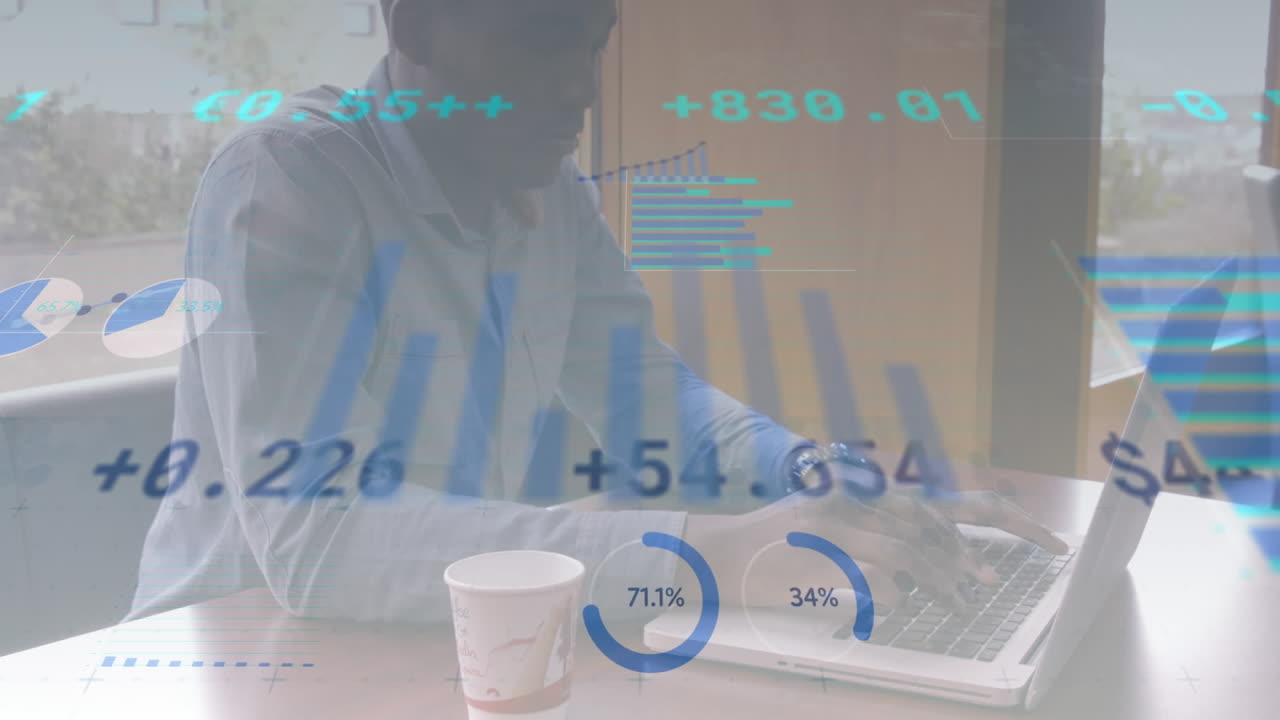 Animation of statistics processing over businessman using laptop