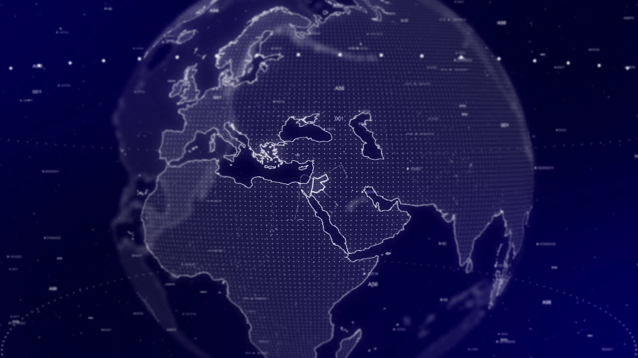 영화적 비디오 배경은 디지털 지구가 회전하고 요르단 나라를 확대하는 것을 보여줍니다.