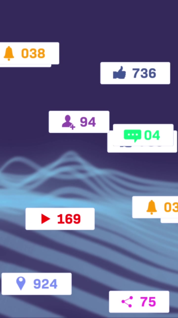 Animation af ikon og skiftende tal over et dynamisk bølgemønster mod en abstrakt baggrund.