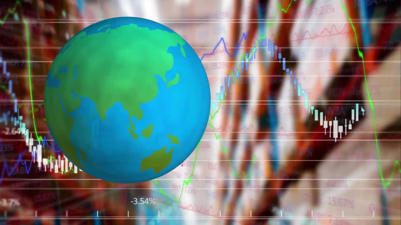 animación del globo y procesamiento de datos financieros sobre el almacén