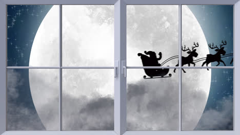 Animation-of-black-silhouette-on-santa-claus-in-sleigh-being-pulled-by-reindeer-with-winter-scenery-