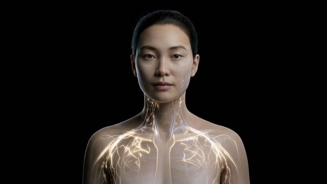 Donna con sistema linfatico illuminato che attraversa collo e torace in una vista anatomica medica su sfondo nero