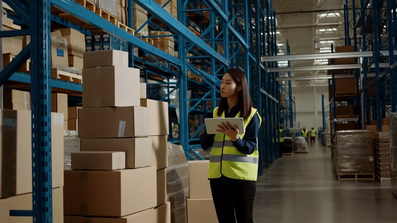 Woman using a tablet to manage inventory in a large warehouse