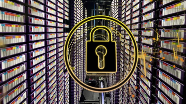 Animation of shapes and padlock over server room