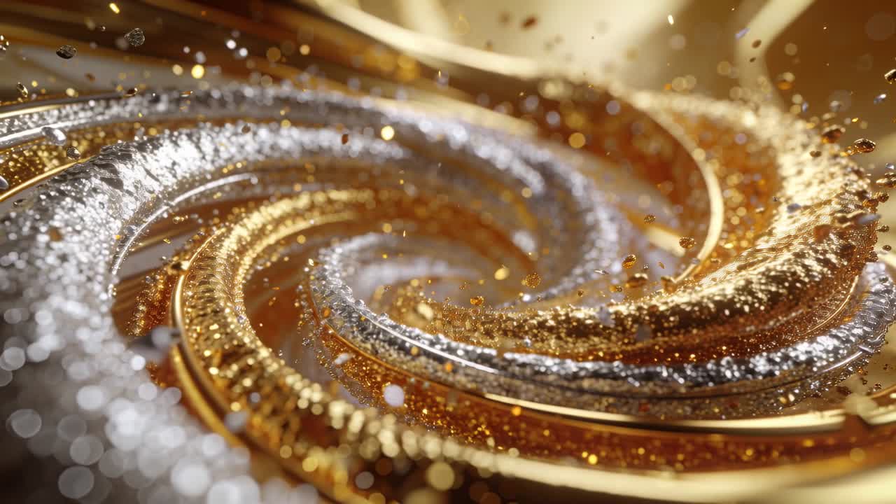 Spirale rotante dorata e argentata che solleva glitter in studio, con la telecamera che si avvicina rivelando il suo nucleo.