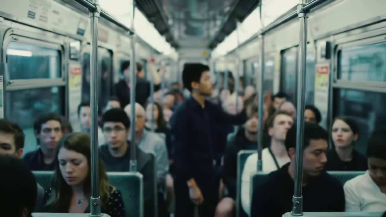 An Intriguing Journey Through a Crowded Subway Car: Capturing the Essence of Urban Transit Life and Diverse Passengers Commuting Together