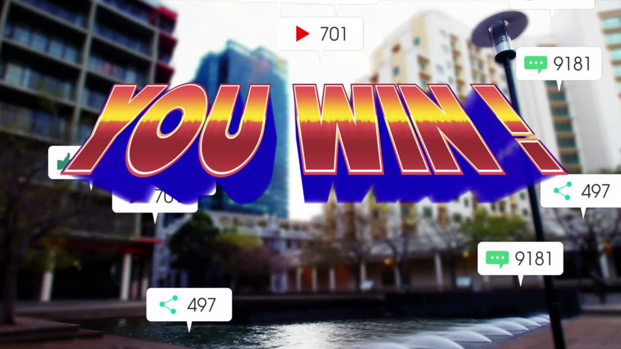 당신이 이기는 텍스트의 애니메이션과 도시 거리와 건물에 대한 소셜 미디어 알림