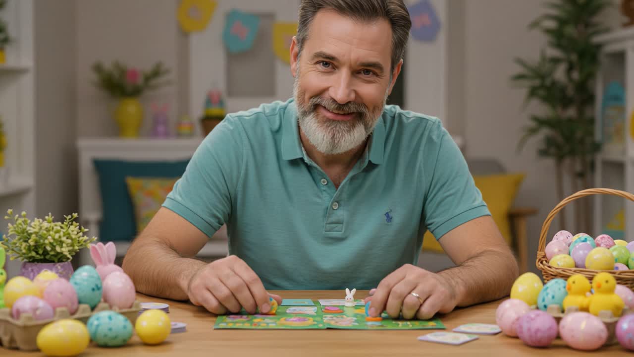 Enthusiastic Player Engaged in a Colorful Board Game Surrounded by Easter Decorations and Vibrant Eggs, Showcasing a Fun Spring Celebration Atmosphere