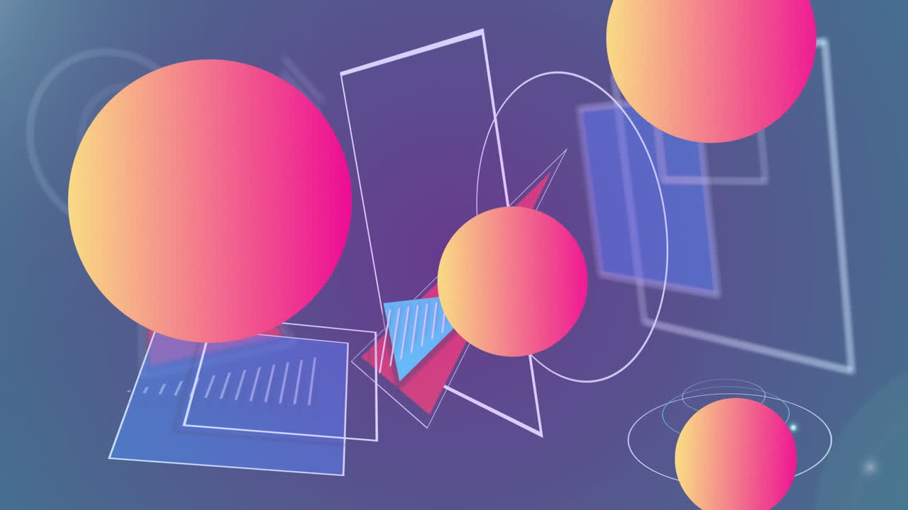 esferas de gradiente y formas geométricas sobre un fondo púrpura de gradiente