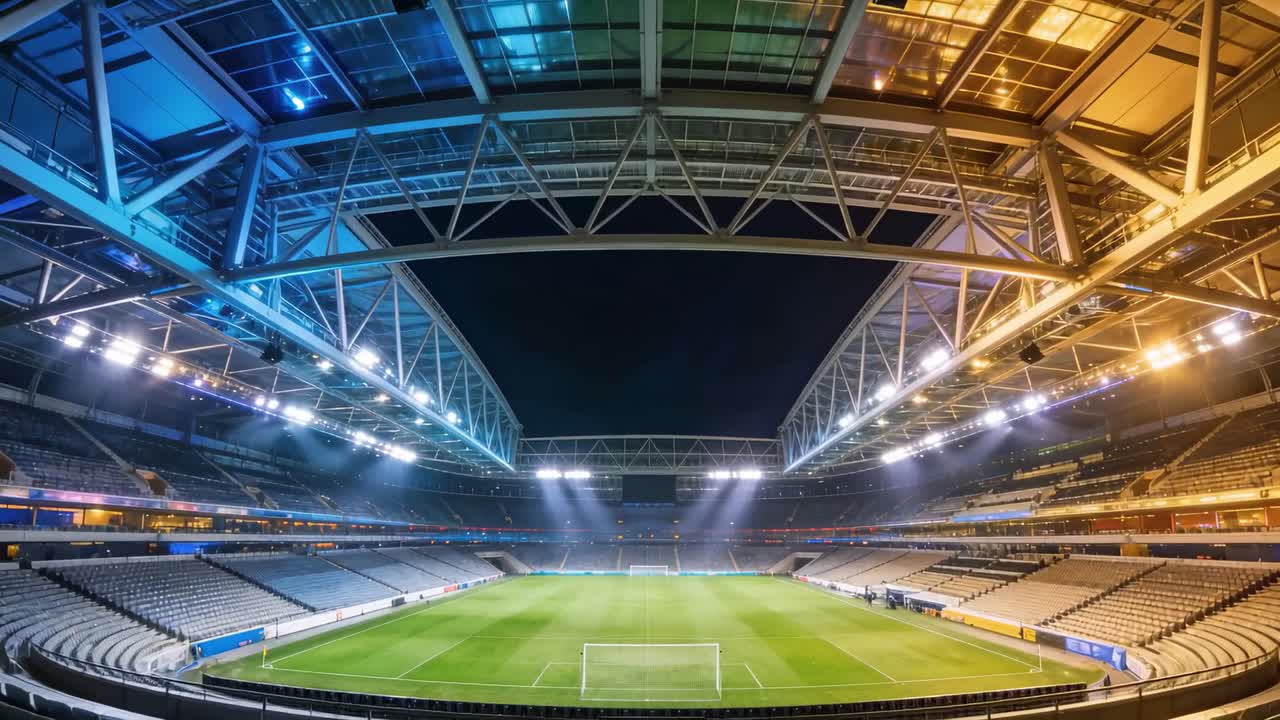 I riflettori si accendono, la telecamera si muove e zooma verso il campo e le porte di notte, preparandosi per la partita.