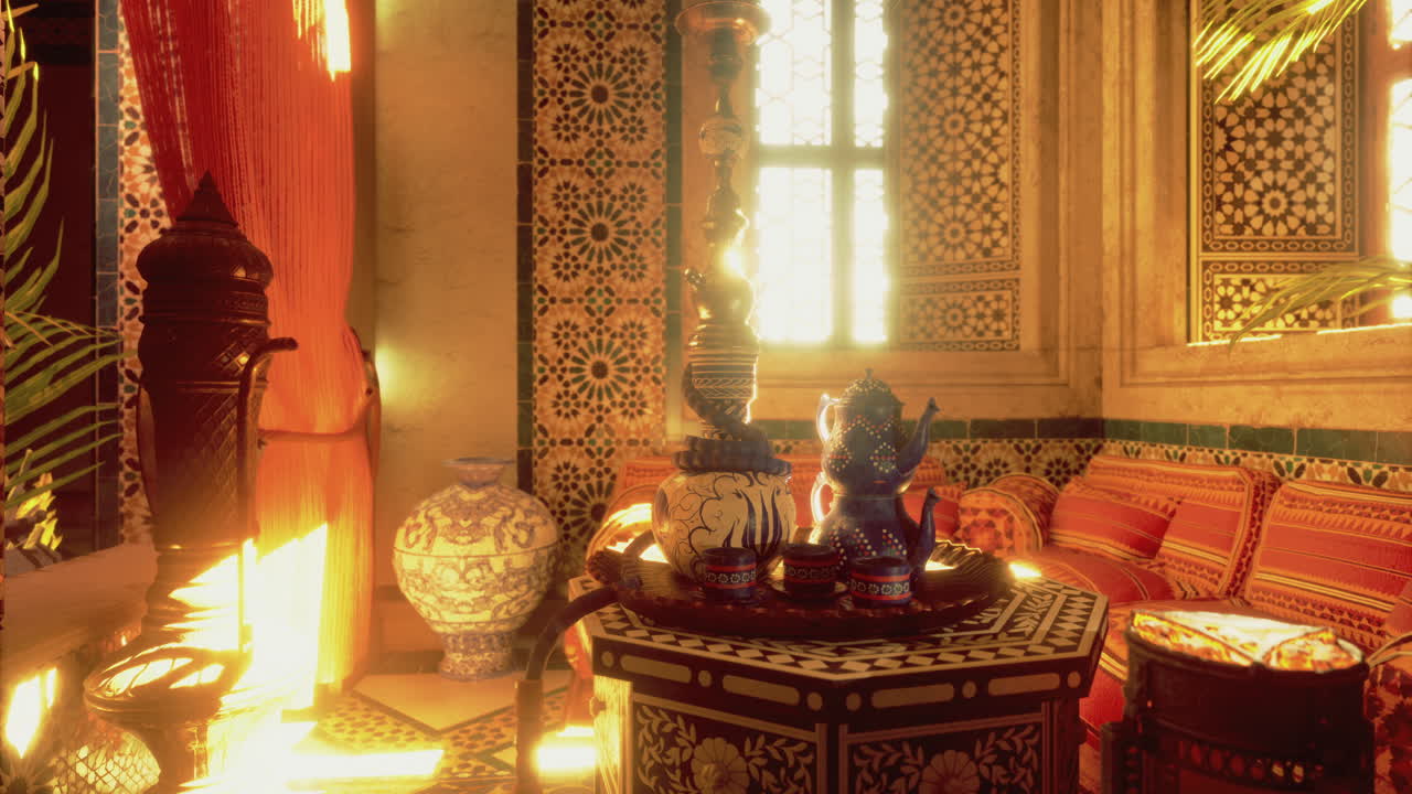Traditional interior with intricate designs and warm light in a decorative room