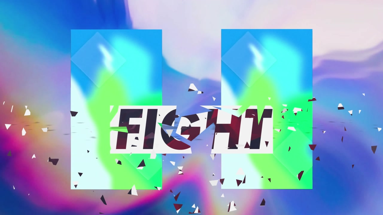 Animation of fight text over neon pattern on blue background