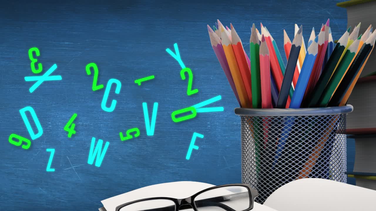 Animation of cup with colorful crayons and green letters