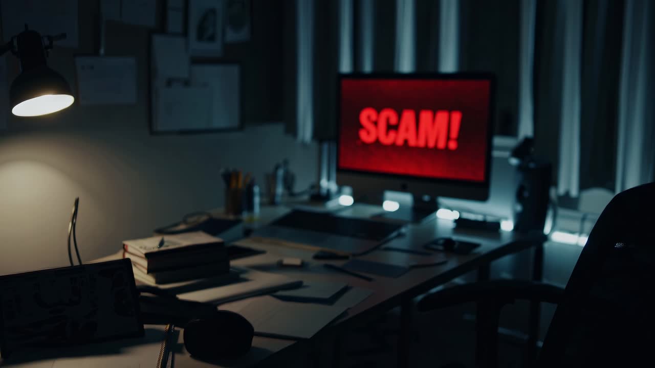 mensaje de alerta de estafa brillante que ilumina el espacio de oficina oscuro, advirtiendo de una posible violación de ciberseguridad o fraude en línea dirigido a usuarios de computadoras desprevenidos durante las horas nocturnas