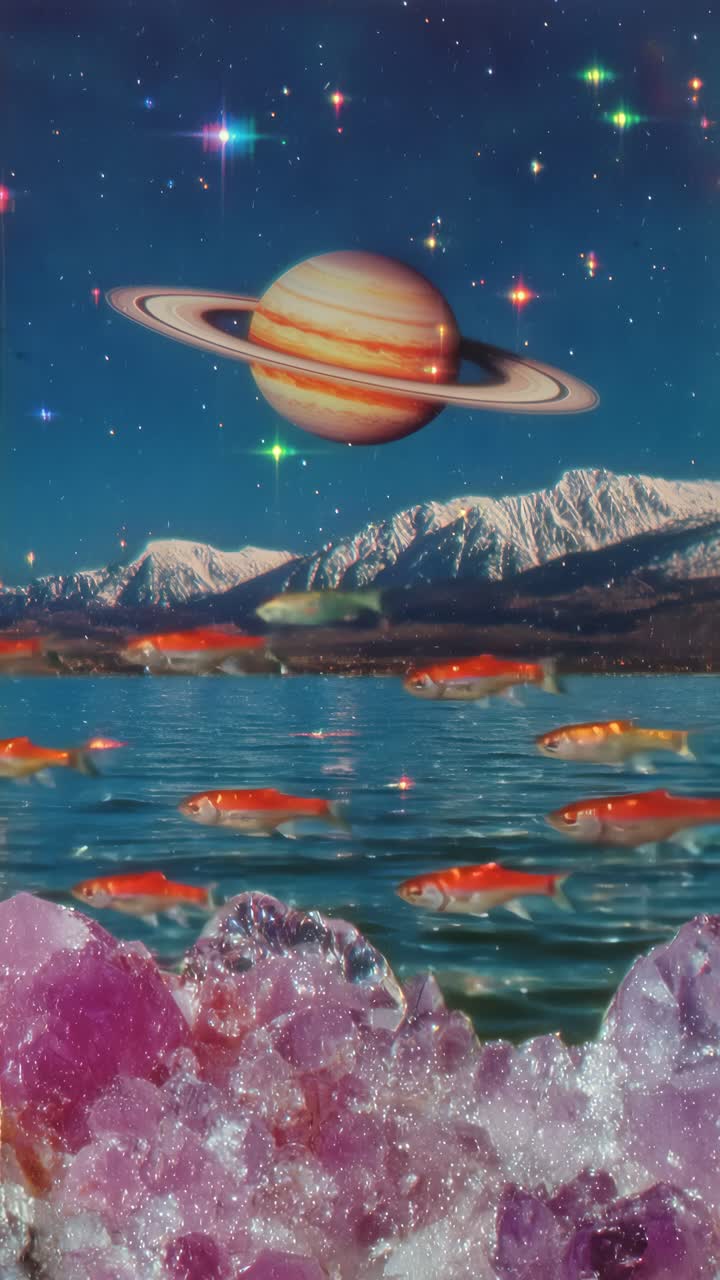 Surreal video concept with a low-angle view of Saturn over snowy mountains, fish swimming in a lake