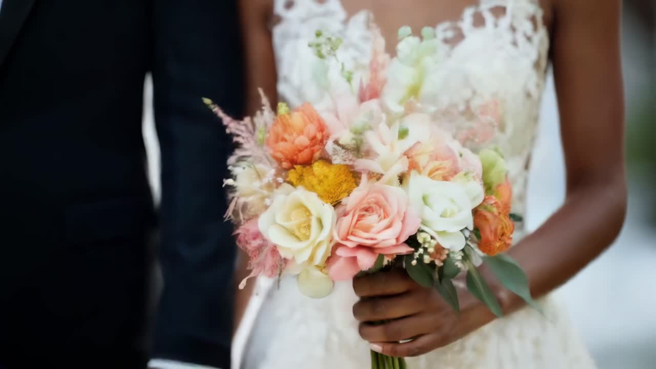 Una coppia gioiosa posa all'aperto in un video di matrimonio. L'angolazione all'altezza degli occhi cattura i loro sorrisi