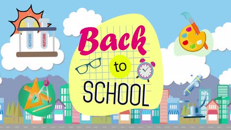 back to school text and multiple school concept icons against cityscape