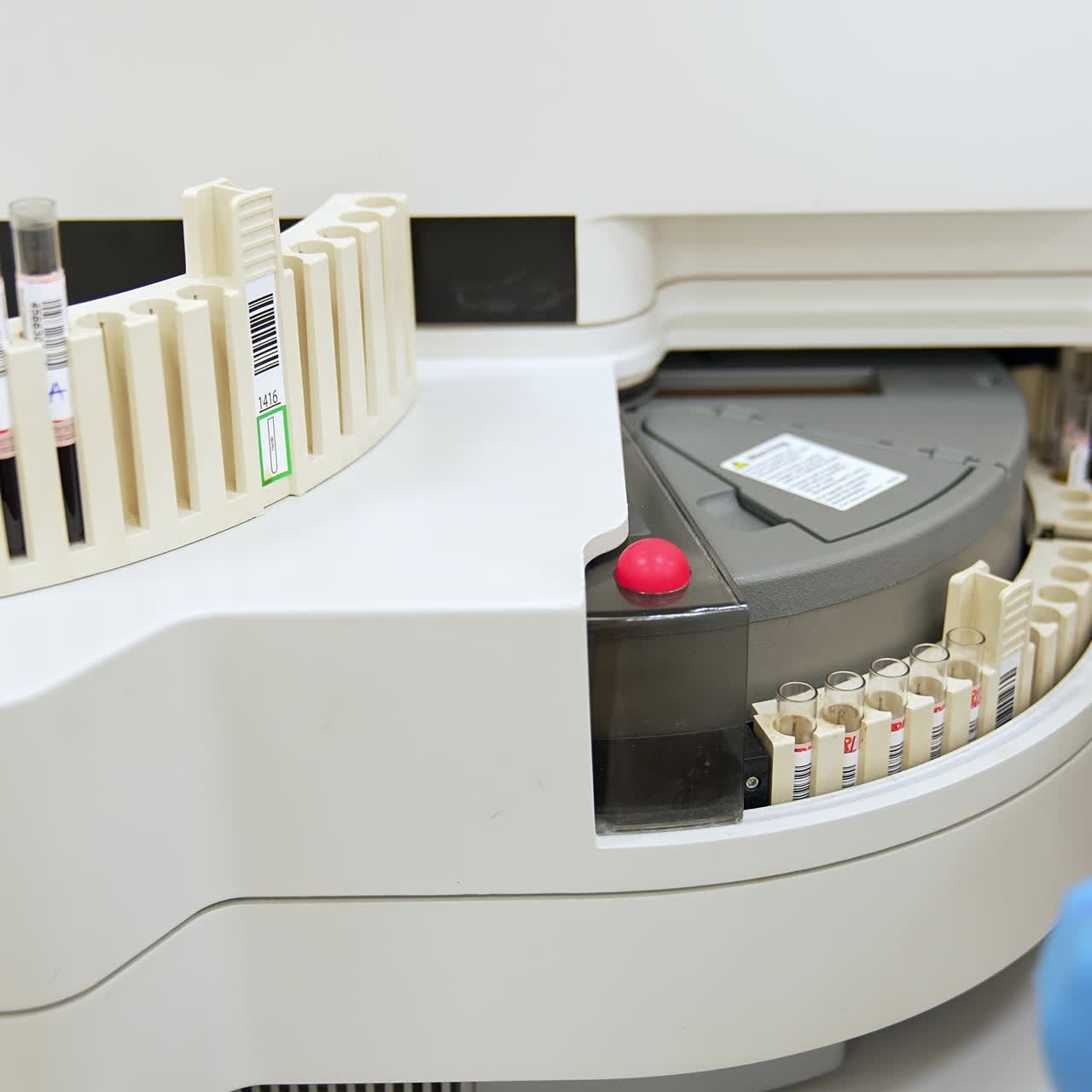 Apparatus in the blood test laboratory moving the set of test tubes. Equipment in the science lap. Top view