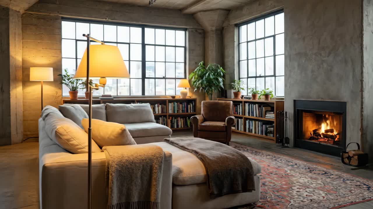 Cozy Industrial Loft Living Room with Fireplace and City View