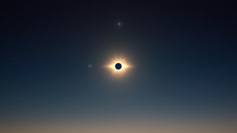 super wide angle view of total solar eclipse moment and star beam flare of light on moon