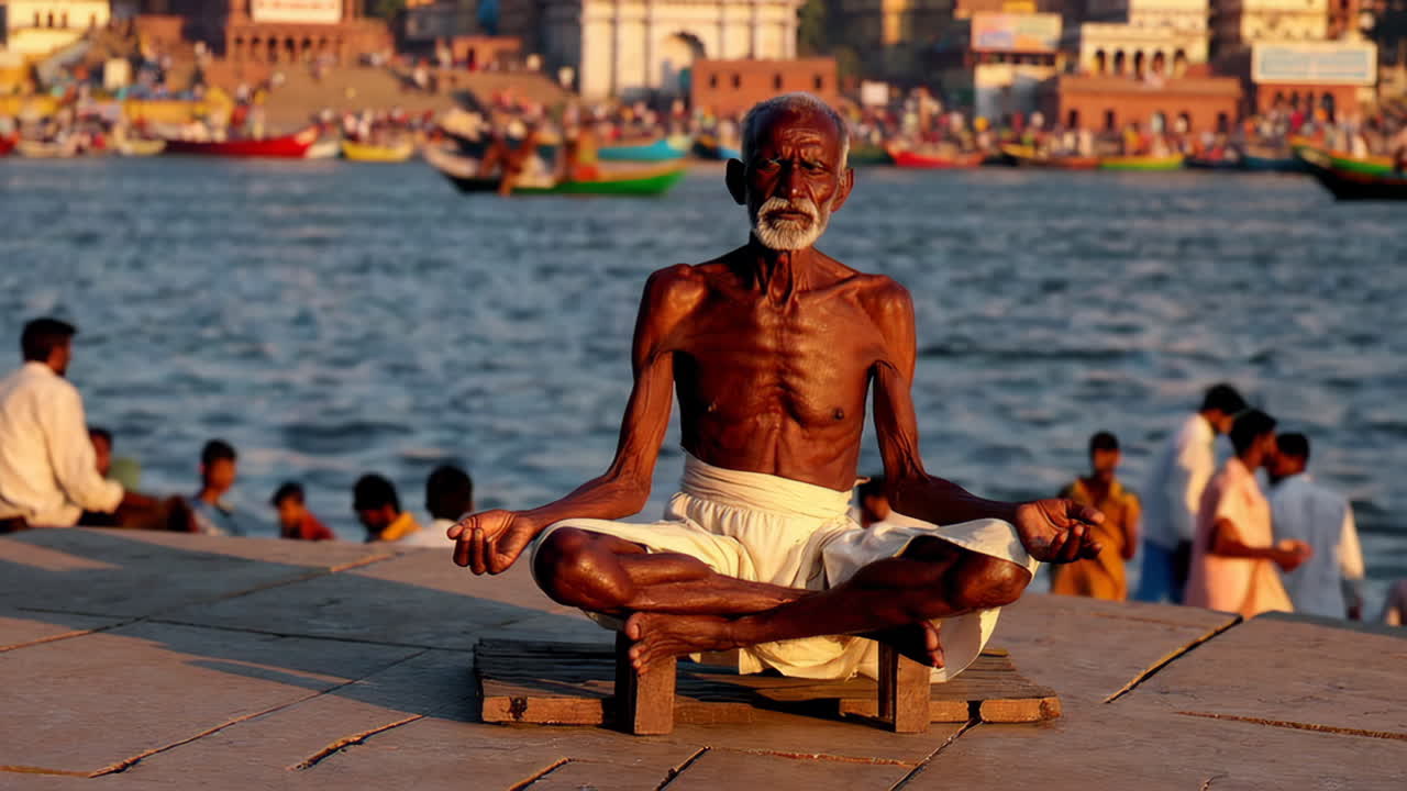 Elderly Man Meditating by the Ganges River