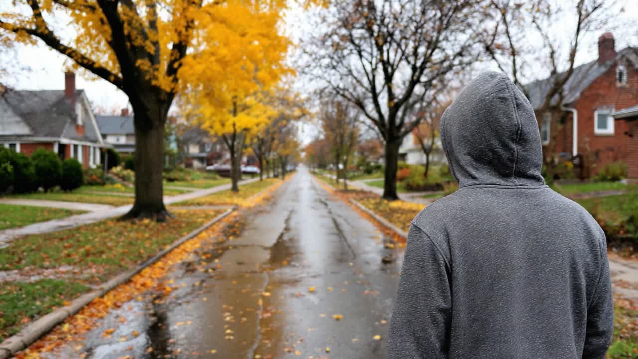 Seseorang dengan hoodie abu-abu berjalan di jalan musim gugur yang tenang yang dipenuhi dengan pepohonan kuning cerah, menciptakan suasana damai di hari hujan