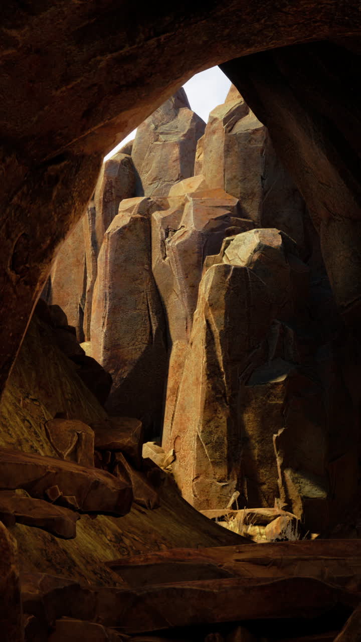 cueva oscura que se abre a un paisaje de montaña rocosa